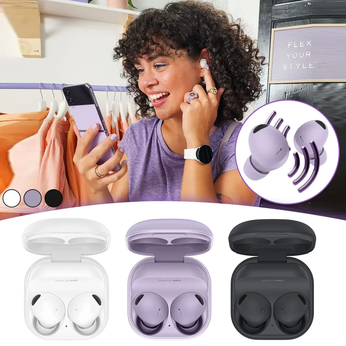 Girl calling with Samsung galaxy buds 2
